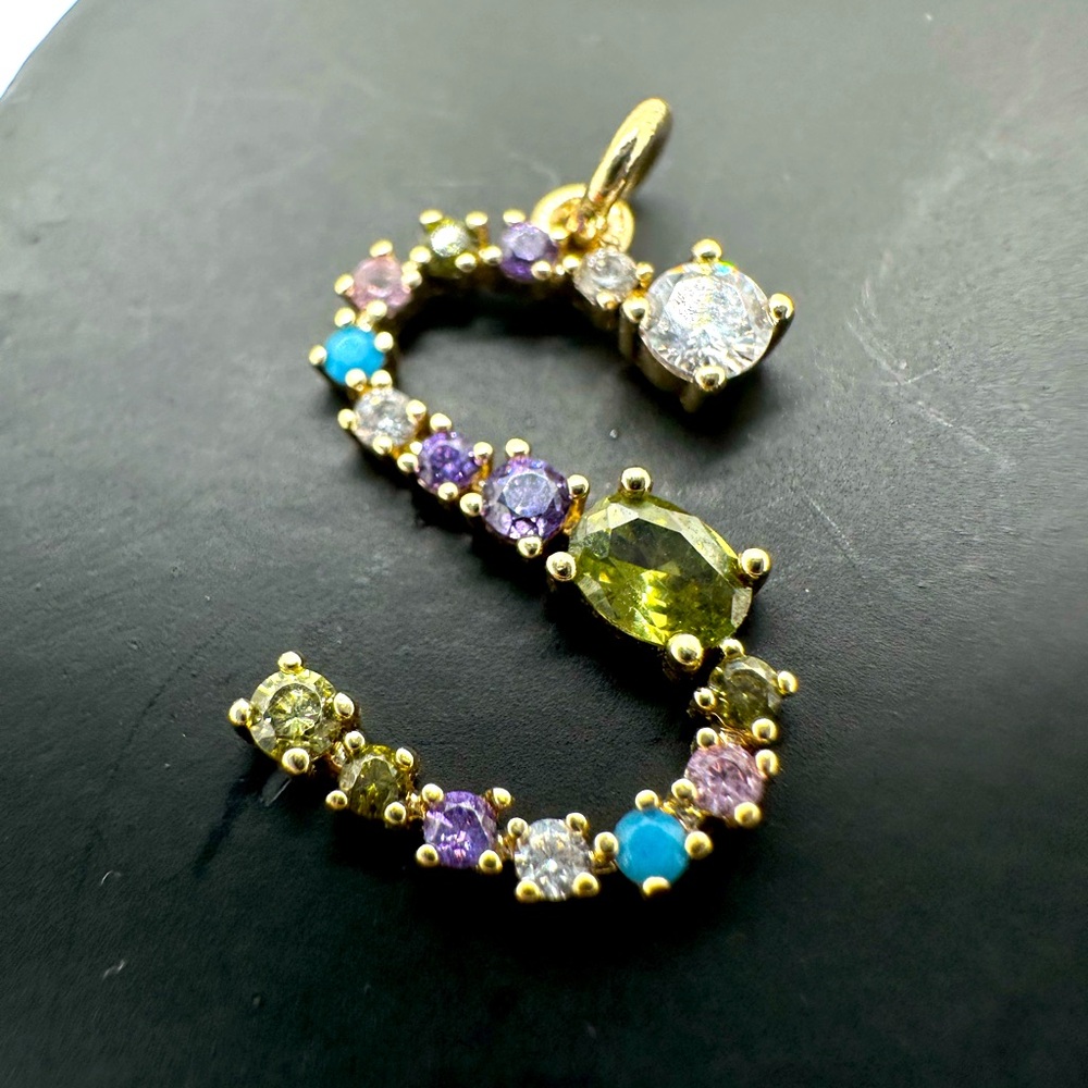 ‘S’ multi colored stone crystal gem gold tone pendant